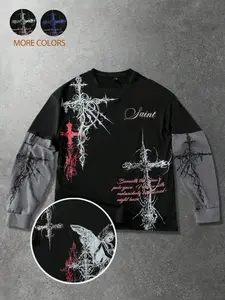 Unisex style, dark Gothic design, Gothic thorn-like rune pattern print, autumn and winter mixed-fabric, vintage style Fashion Aesthetic T-shirt, Fitted, 2000s style, suitable for streetwear, casual wear, outdoor activities, etc