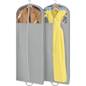 65" Foldable Garment Bags for Hanging Clothes Travel Waterproof Dress Bags for Gowns Long for Closet Storage Dress Protector Bag for Gowns, Suits, Coats, Grey, 2 Packs