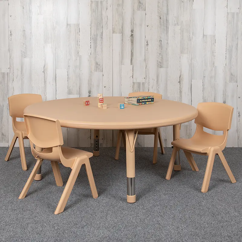 Flash Furniture YU-YCX-0053-2-ROUND-TBL-NAT-E-GG 45 in. Round Plastic Height Adjustable Activity Table Set with 4 Chairs, Natural Color