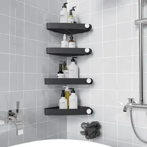Plastic shower corner shelf (suitable for 90-degree angles)° 4-piece self-adhesive corner shower shelf set, suitable for bathroom storage and organization on smooth walls, black color