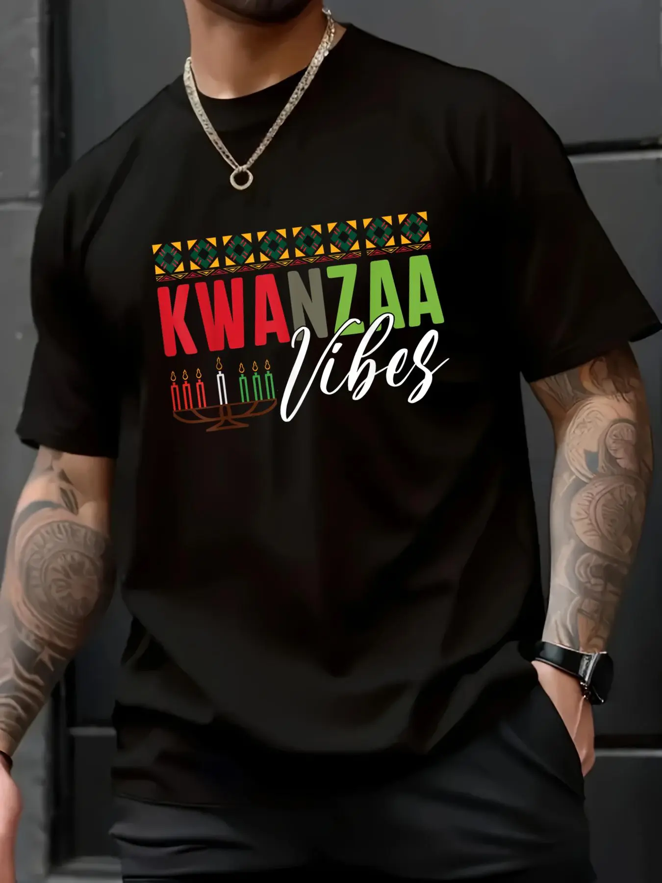 Men's Kwanzaa Heritage Graphic T-Shirt - Unisex Short Sleeve Round Neck 100% Cotton Casual Loose Fit Soft Top for Parties, Pair with Jeans, Cold Wash Friendly