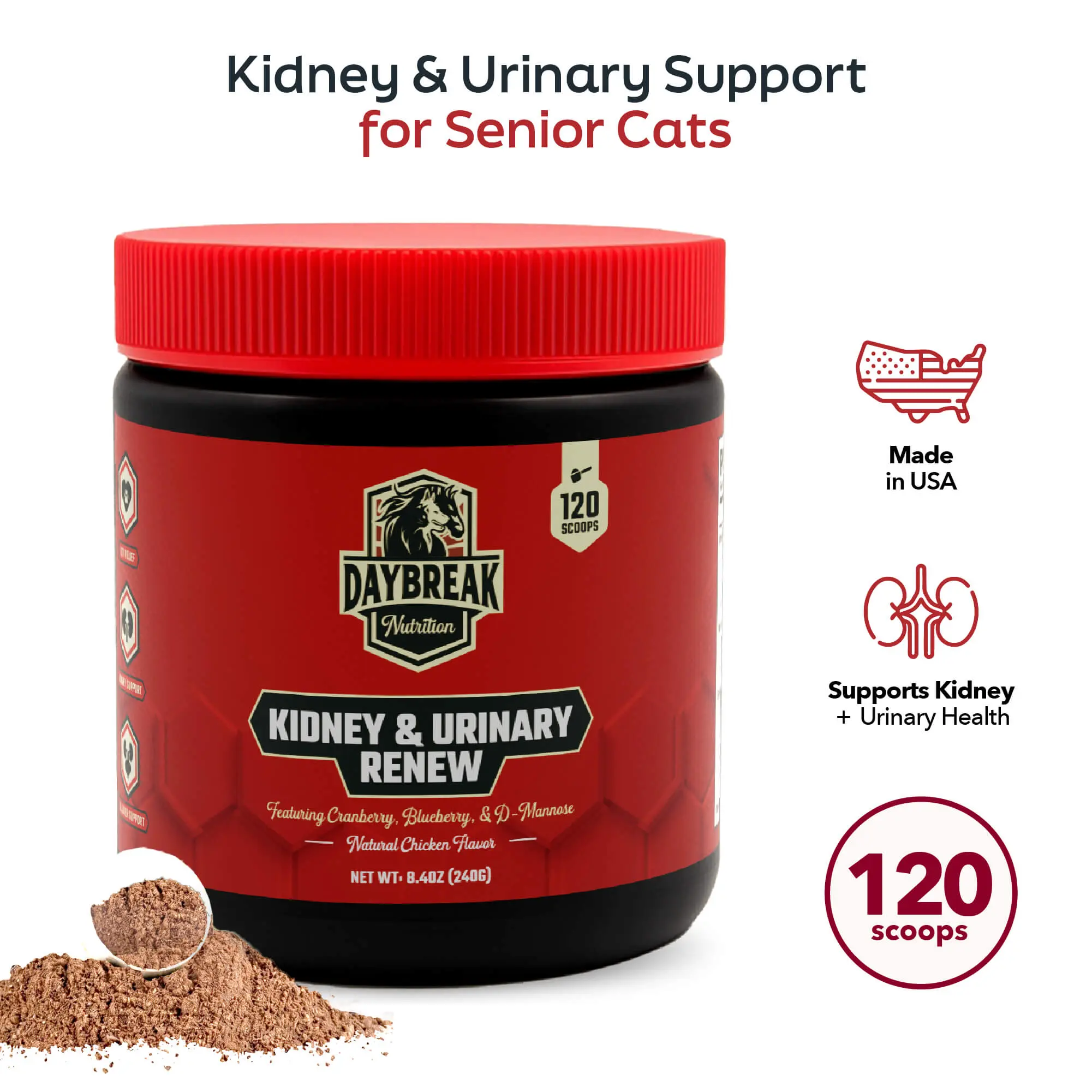 Cat Kidney & Urinary Support Powder for Cats — Chicken Flavor | D-Mannose, Cranberry & Astragalus | Senior Cat Renal + Bladder Wellness | 120 Servings, 4-Month Supply