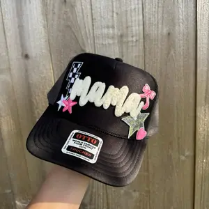 MAMA Trucker Hat with Patches - Black Cap Featuring "MAMA" Text and Decorative Elements