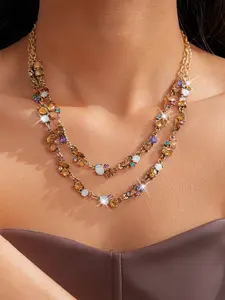 Vintage Geometric Rhinestone Necklace, Double Layer Colorful Pendant Chain, Fashion Jewelry Gift for Women, Perfect for Holidays