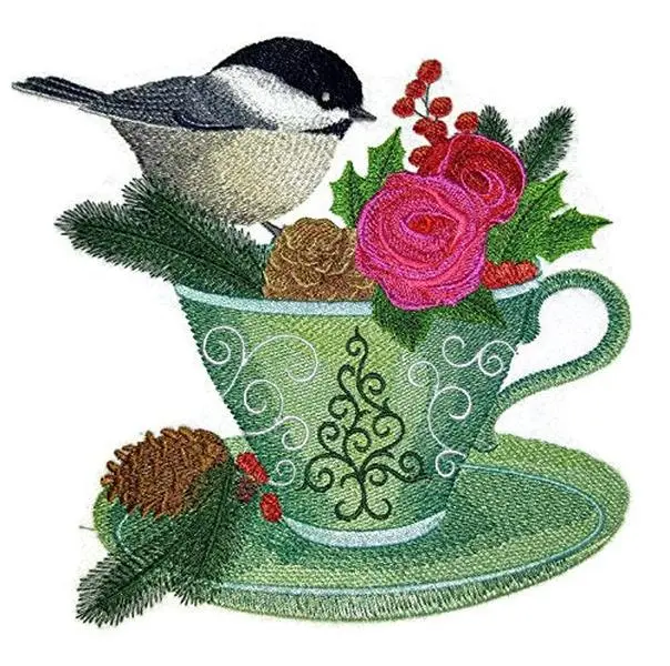 Custom Festival Chickadee and Christmas Tea Embroidered Iron on/Sew Patch (6.9" x 7.32") [Made in USA]
