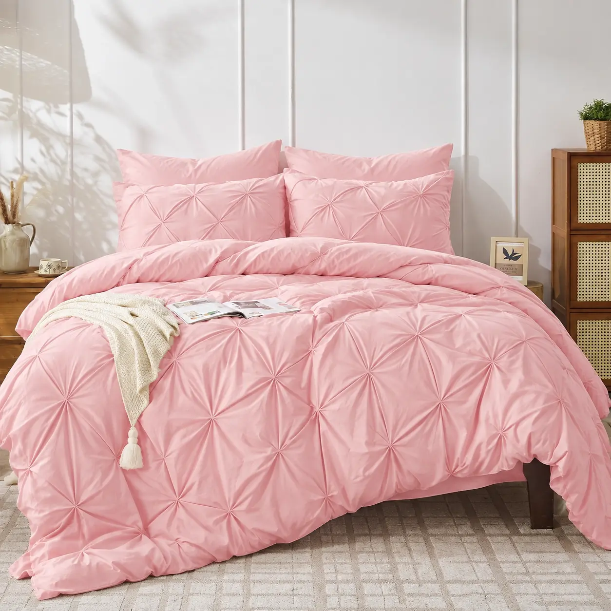 JOLLYVOGUE Comforter Set 7 Pieces - Bed in a Bag Queen for All Season, Pintuck Bedding Comforter Sets with Comforter, Flat Sheet, Fitted Sheet and Pillowcases & Shams, Pink