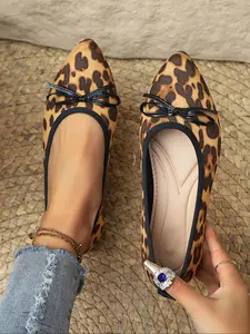 Women's Leopard Print Pointed Toe Flats, Bow Accent, Vintage Chic Comfortable Shoes, Size 36-41, Casual Wear for Women