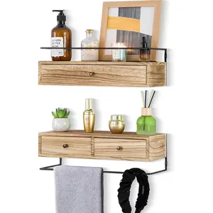 2-Pack Rustic Floating Shelves with Drawer, Wall Mounted Shelf, 15.8 Inch Long, Brown Wood &, 30 lbs Capacity