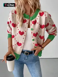 Valentine's Day 3D Heart Knit Cardigan, Colorblock Round Neck Long Sleeve Sweater, Casual Fitted Spring & Fall Fashion Womenswear Knitwear Piece