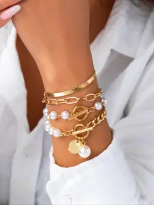 Fashion Faux Pearl Decorated Bracelet Set, Casual Jewelry for Women, Trendy All-match & Exquisite Jewelry for Birthday Gift, Bangle Bracelet Set