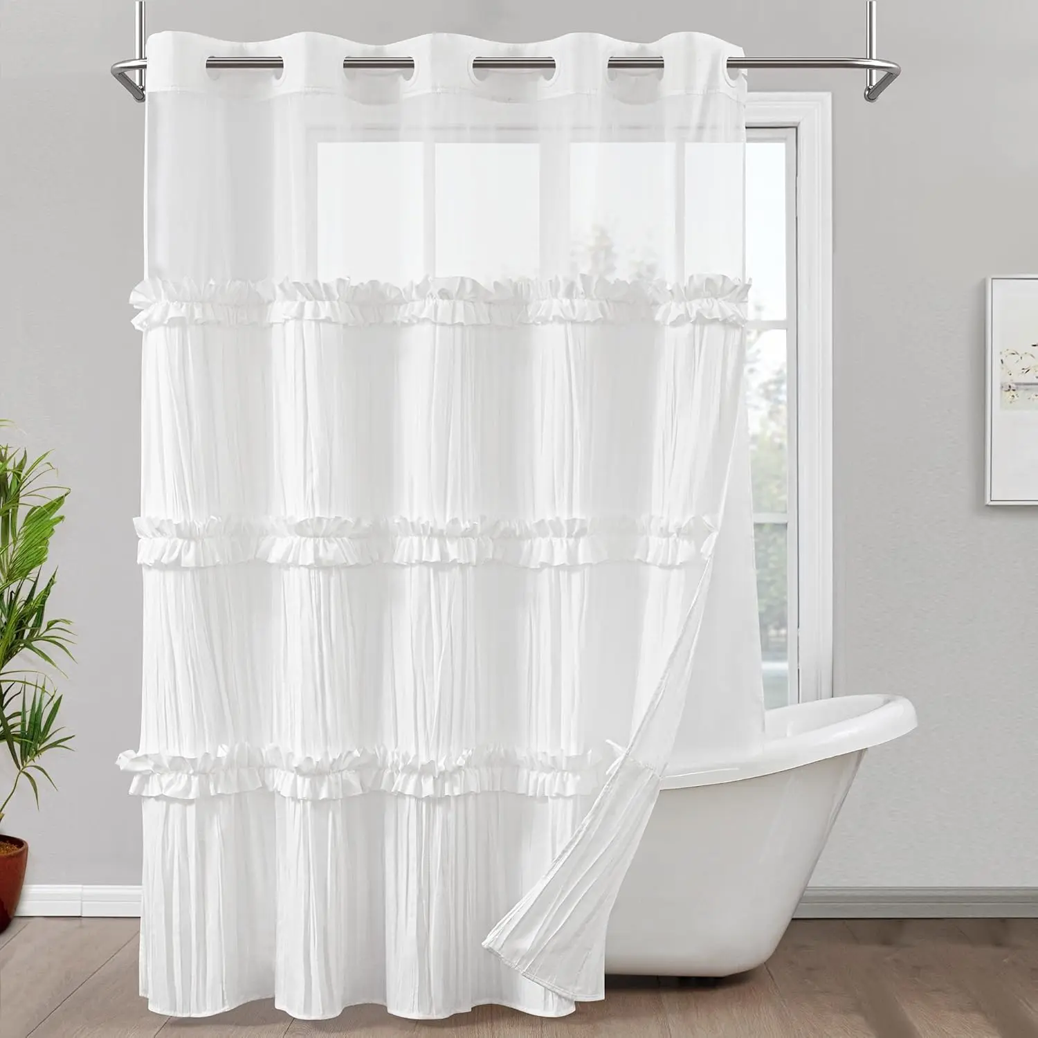 No Hook Ruffle Shower Curtain with Snap in Fabric Liner Set, Ruched  Farmhouse Shower Curtain for Bathroom with See Through Window, Ruffle , 71" W x 74" L
