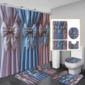 1/3/4PCS Pastel Bows Shower Curtain set, Satin Ribbons in Pink and Blue Bathroom Decor, Accessories with Bath Mat, U-shaped Mat, Toilet Lid Cover, 12 Hooks 180x180cm Curtain, Home Decor, Bathroom Decoration Accessories, Shower Essentials