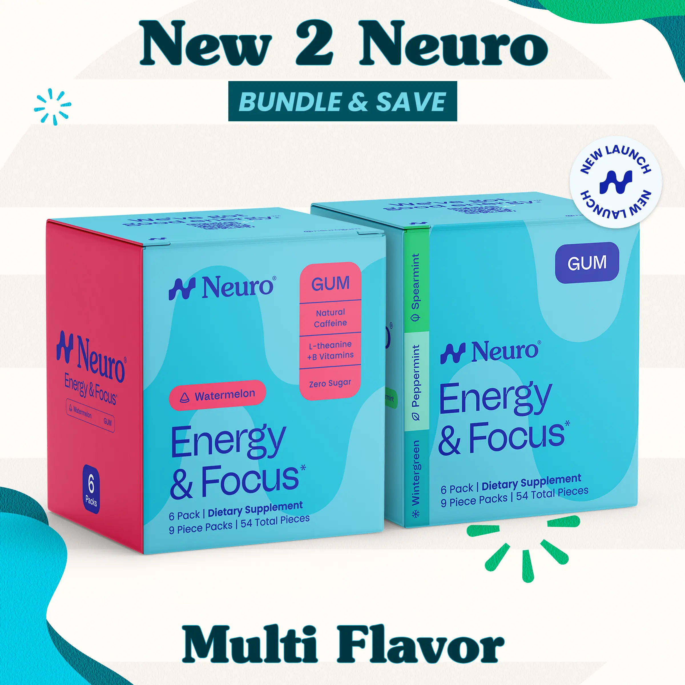 New 2 Neuro Bundle - Energy & Focus Caffeine Gum - Multi Flavor (108 Pieces)