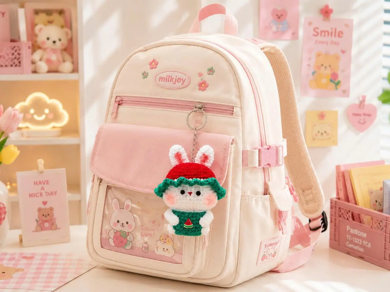 Handmade Crochet Pink Bunny Keychain, Soft Cotton Yarn Kawaii Plush Bag Charm, Fashion Accessory Gift for Women
