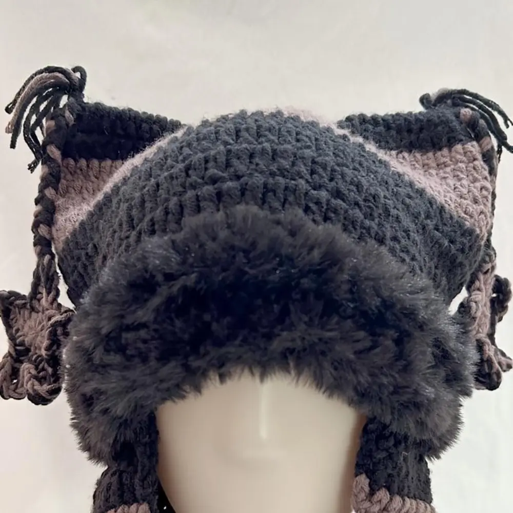 Unisex Winter Knitted Beanie Hat with Faux Fur Lining Soft Thick Warm Ear Flaps Tassels for Outdoor Cold Weather