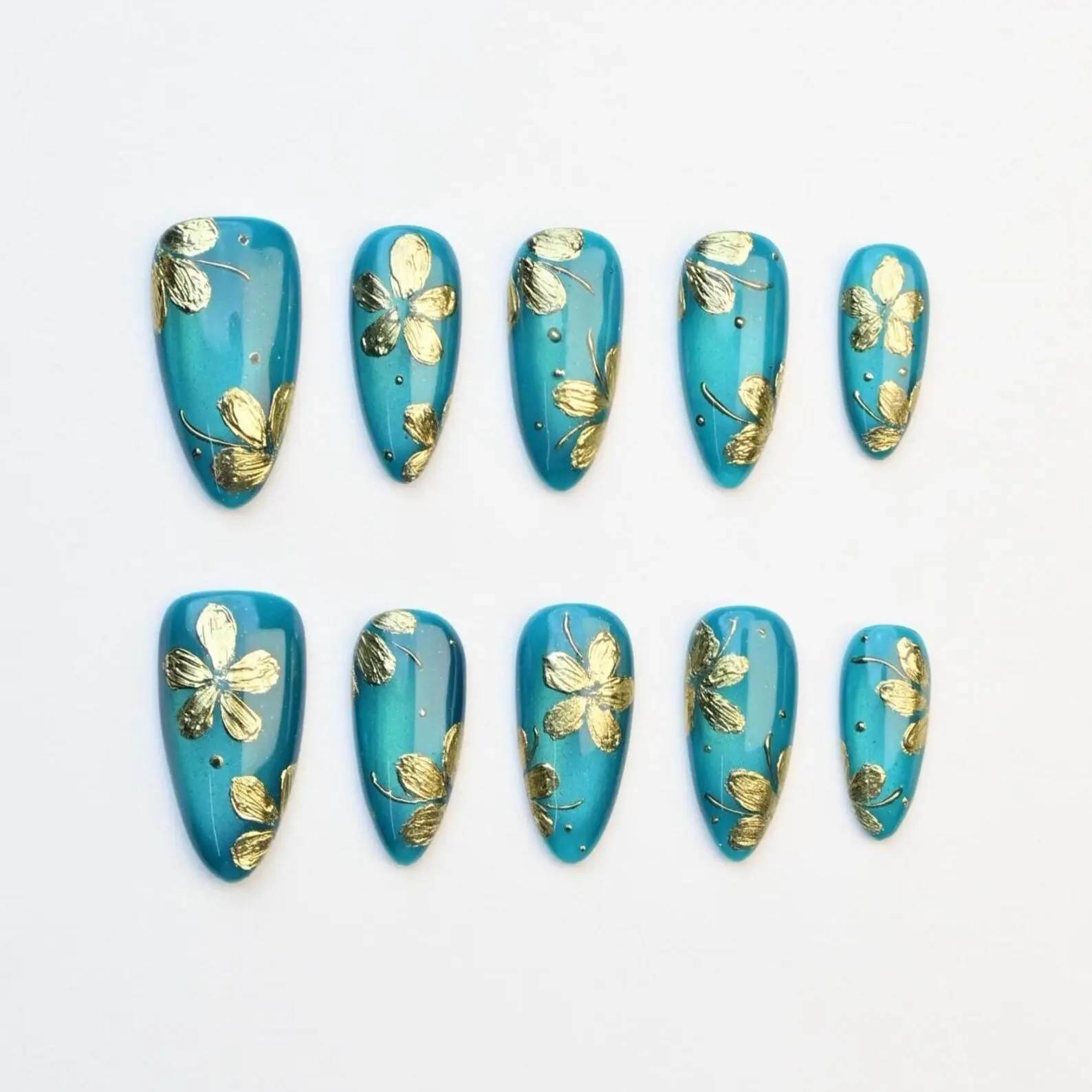 Teal Gold Floral Acrylic Nails, Blue Flower Nails, Elegant Gold Leaf Nails, Handmade Nails, Spring Summer Floral Nails, Luxury Press On Set