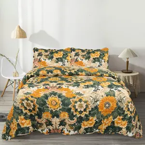 KARIALS Queen Bedspread Set 3-Piece - Reversible Sunflower Quilted Coverlet with 2 Pillow Shams, 90" x 96" Lightweight Soft Polyester Quilt Bedding Set for All Seasons, Durable Stitching, Machine Washable