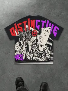 Men's Loose Fit Dual-Sided Graphic Tee, Distinctive Gradient Print & Comic Character Design, High-Quality Heavy Fabric, Casual Streetwear