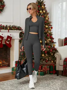 Women's Sporty Three-piece Set, Yoga Outfit Set, Top & Leggings & Open Front Outerwear for Yoga Gym Workout Running, Athleisure Wear Set, Activewear, Active Wear, Workout Running Clothes