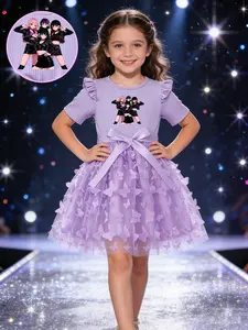 Girls' Striped Bubble Sleeve Dress, Idol Group Print, Sparkly Butterfly Sequins, Summer Princess Dress, Casual Slim-Fit