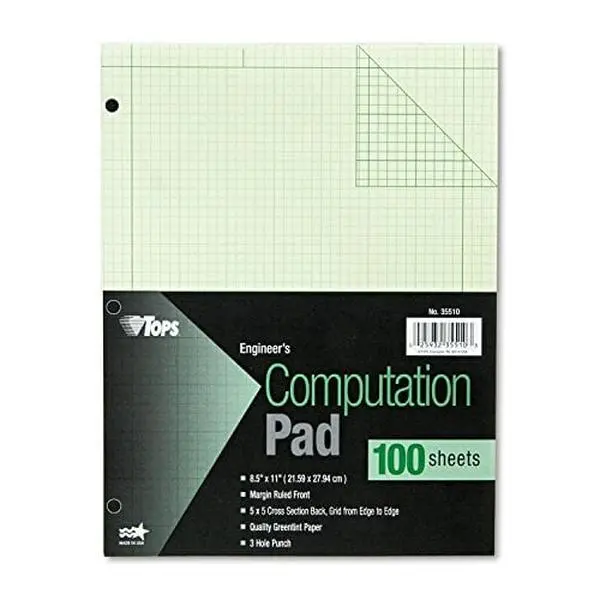 TOPS 35510 Eye-Ease Engineering Computation Pad, 15 lb, 8.5 x 11 x 0.31 in, Green, 3-Hole Punched, 5x5 Grid to Edge, Frame Margins, Reduces Glare, 100 Sheets per Pad