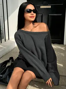 Women's Plain Shoulder-Exposed Long Sleeve Sweater Y2K Knit Pullover, Casual Chic Fashion Top for Spring & Fall, Comfortable and Stylish