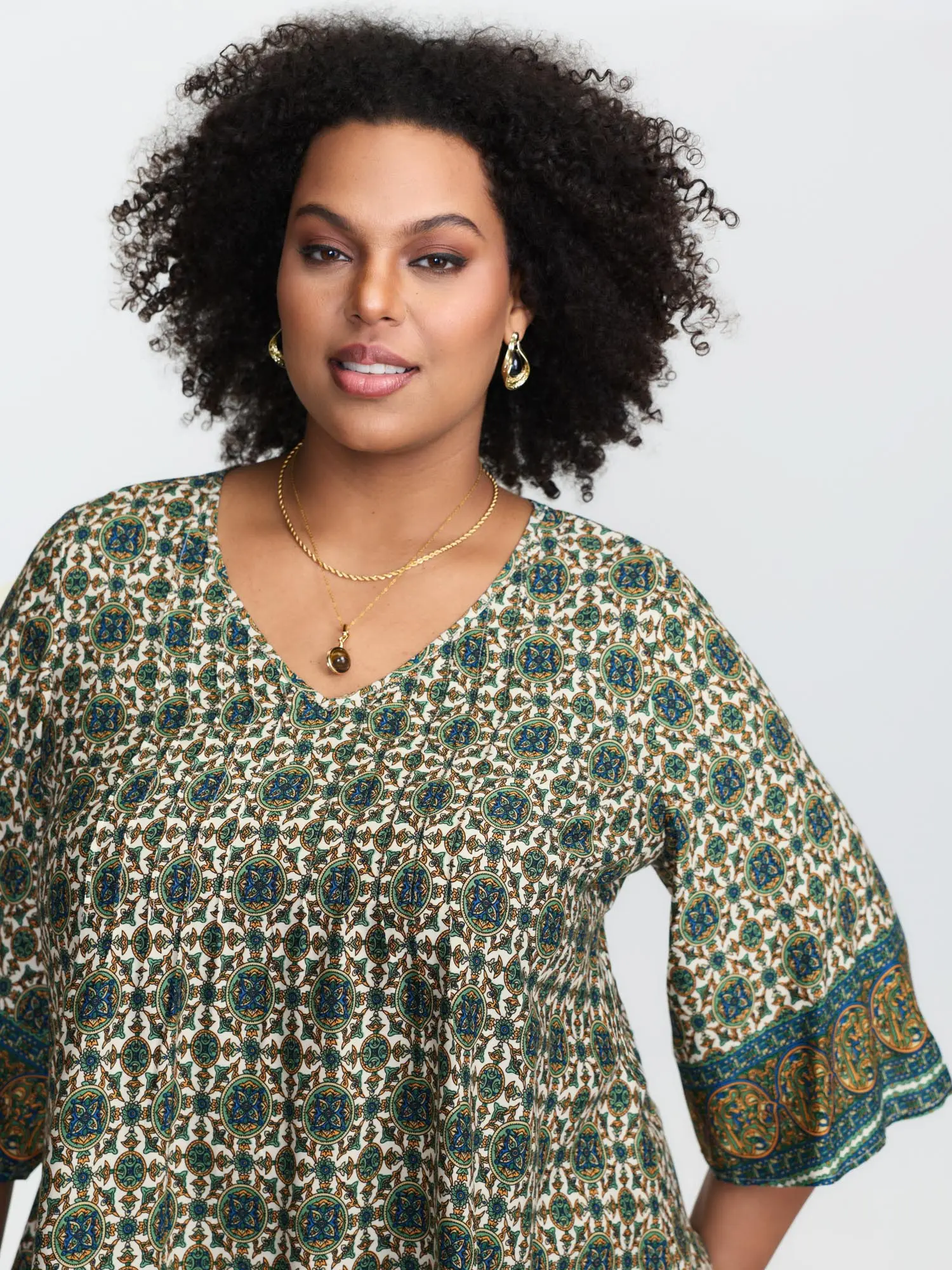 BloomChic Women's Plus Size V-Neck Rayon Boho Paisley Indigo Blouse - Pin-Tuck Pleats, Bell Sleeves, Relaxed Fit, Comfy Colorful Style, 10/M-12/L [M-6X], Casual Breathable Elegance, Dress Casual Curvy Clothing