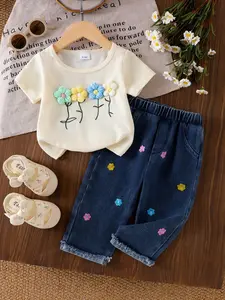 Baby Girl Comfortable Casual 2-Piece Set, Cream Waffle Texture Short Sleeve T-Shirt Top + Colorful Embroidered Flower Jeans Pants