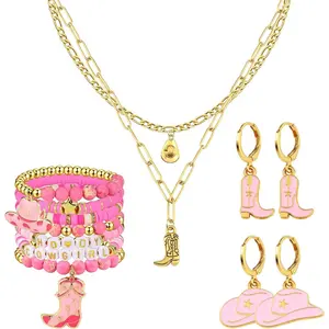 13Pcs Western Jewelry Cowgirl Outfits for Women Bohemian Set Pink Cowgirl Beaded Bracelets Hat Boot Accessories Earrings Pendant Long Choker Necklace Western Gifts for Women