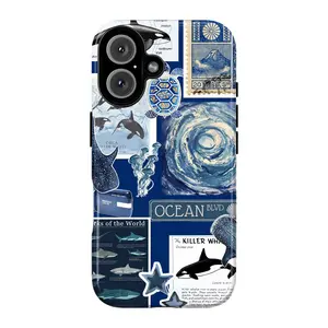 Blue Aesthetic Ocean Marine Life Collage Phone Case - Vintage Killer Whale Orca Shark Sea Turtle Jellyfish Stamp Art Cover for iPhone 17 16 15 14 13 12 11 Pro Max Plus & Samsung Galaxy S26 S25 S24 S23 S22 Ultra