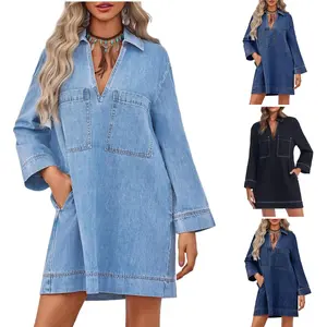 FMEYOA Womens Denim Shirt Dress Long Sleeve V Neck Loose Casual Jean Mini Dress with Pockets