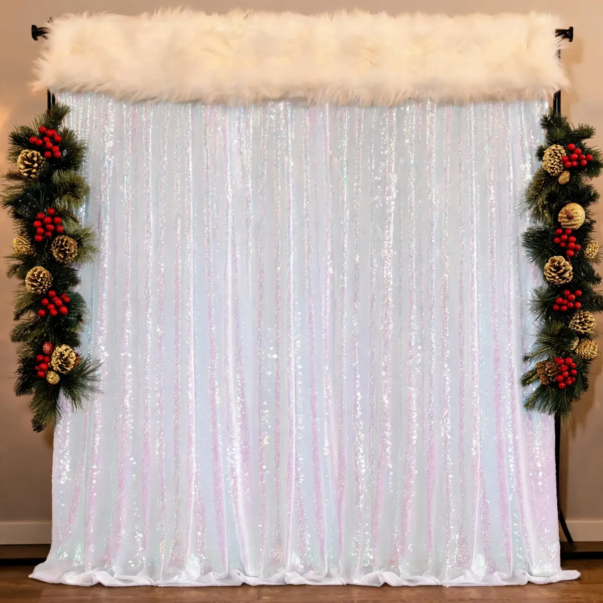White Iridescent Sequin Backdrop Curtain 1 Panel 8ft x 8ft for Party Photography Props Wedding Birthday Christmas Halloween Thanksgiving Sparkle Background