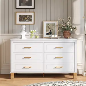 6-Drawer Double Dresser in White, Modern Storage Cabinet with Metal Handles & Solid Wood Legs, Dresser Drawer Organizer for Kids Bedroom, Heavy-Duty Wooden Dresser with Pre-Installed