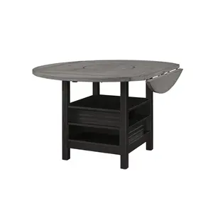 Round Counter Height Dining Table Wood With Storage Shelves & Drop Leaves