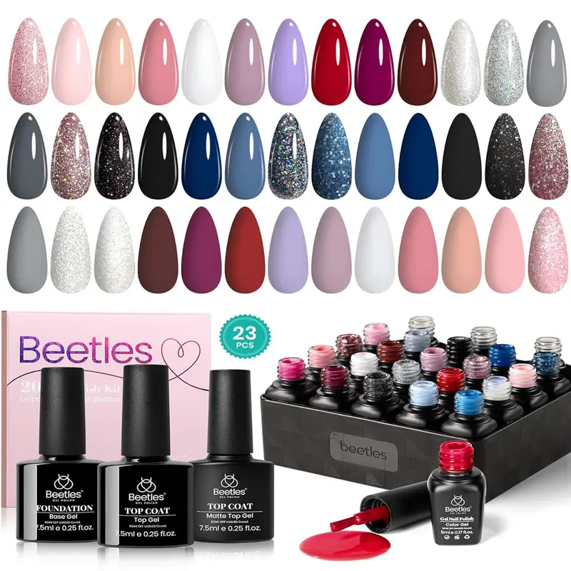 Beetles Modern Muse 23-Piece Gel Nail Polish Set - 3-Piece Base, Matte & Glossy Top Coats, Nude, Gray, Pink, Blue, Burgundy, Glitter Shades, Soak-Off UV Gel for Women, Ideal Gift