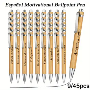 9/45pcs Spanish Motivational Bamboo Ballpoint Pens, Smooth Writing Ink, Inspirational Quotes, Retractable, Office, School, Business, Gift