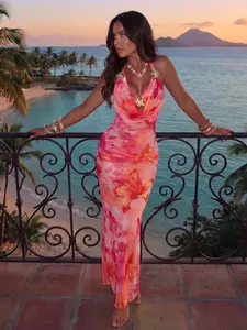 Gradient Floral Halter Neck Mesh Slim Fit Fish Tail Long Dress, Tropical Sunset Resort Style, Bohemian Romantic, Beach Date Versatile Floral Mesh Bodycon Dress, Womenswear - Elegant Outfit, Wrinkle Resistant for Daily & Hangout