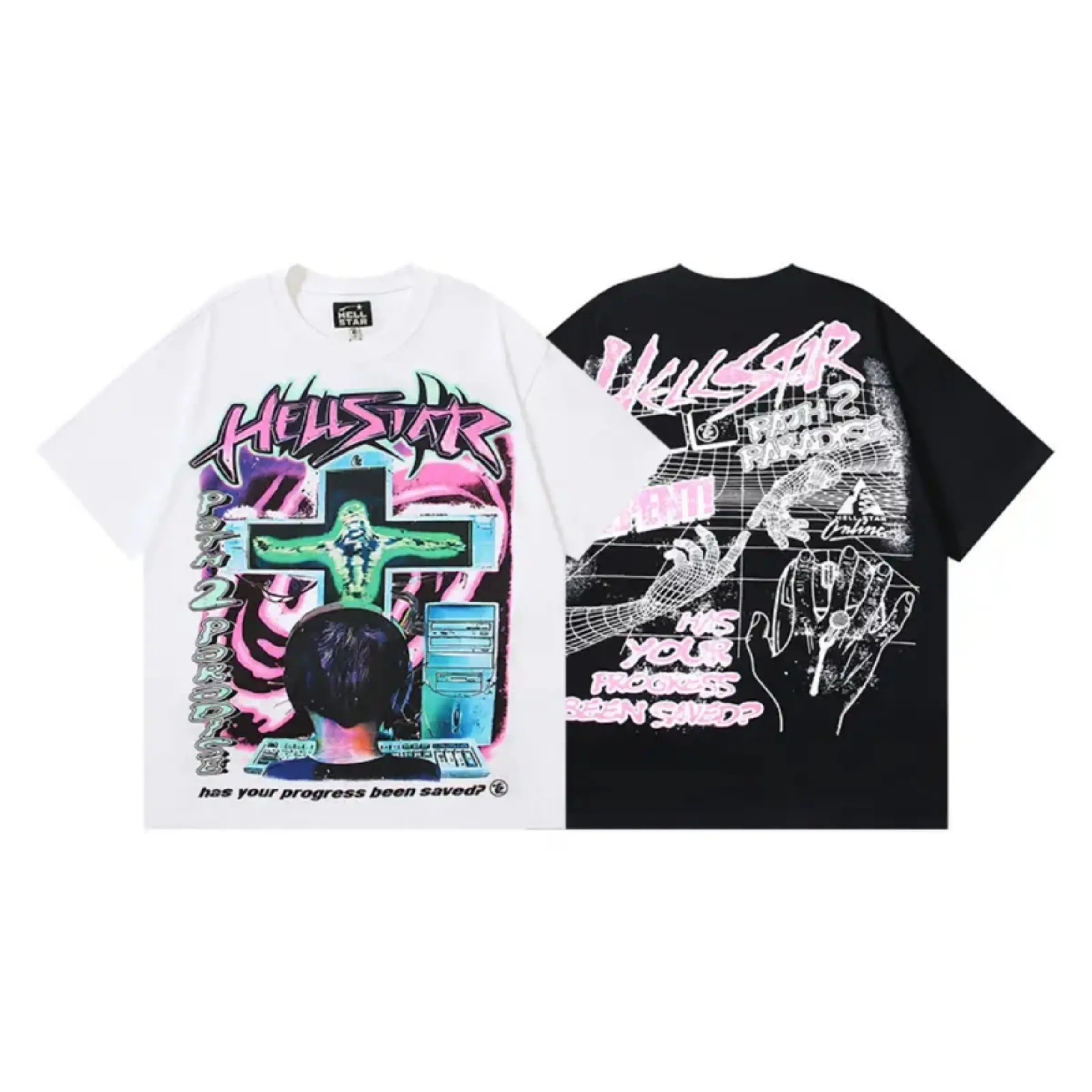 Hellstar Path 2 Paradise Cross Graphic T-Shirt Men White Vintage Skull Hand Print Oversized Cotton Short Sleeve Tee For 4th Of July Summer Hip Hop Street Casual Outfit，Y2K Fashion，Retro Tee，Graphic Apparel，Streetwear Top，Oversized Tshirt，Hip Hop Clothing