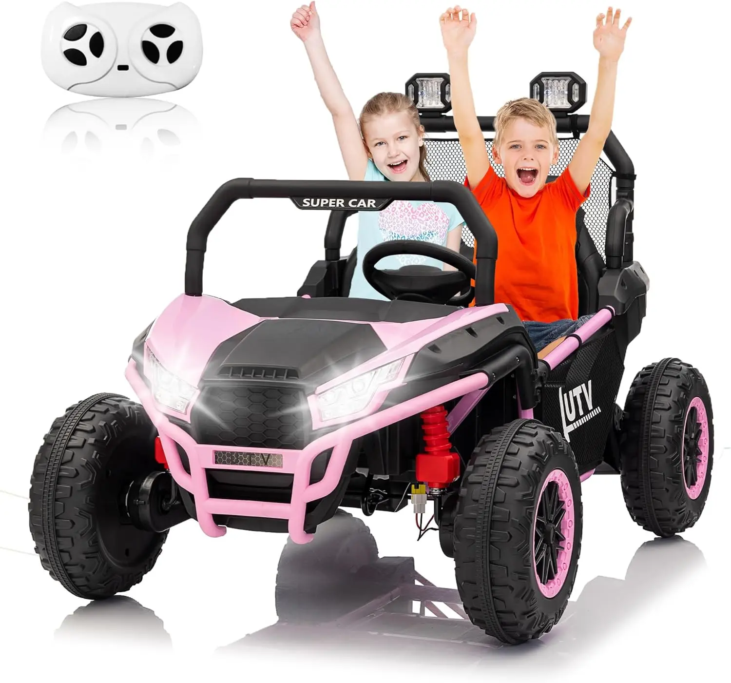24V Kids 2-Seater Electric UTV Ride-On Car with Ride on Wheels - Pink, Reinforced Metal Frame, Remote Control, Adjustable Speeds, Dual Motors, Engine Sounds, Bluetooth Music, LED Headlights, Spring Suspension, Wide Seats, Front Bumper Protection, Plastic,