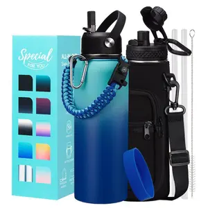 Insulated Metal Water Bottle 32/40oz - Gallon Vacuum Stainless Steel Water Bottles with Straw Spout Lid, Cold for 48 Hrs, Sleeve Carry Strap, Leak Proof, BPA Free Water Jug, Modern Reusable Waterbottle Gym Biking Camping