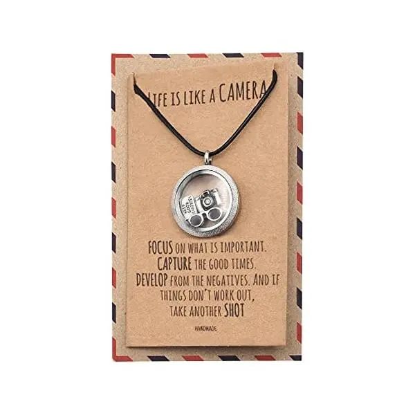 Quan Jewelry Women's Rhodium-Plated Vintage Camera Miniature Pendant Necklace - Unisex Long Black Cord, Casual Daily Wear, Ideal Gift for Mom, Selfie Lovers, Sunglasses Engraved Occasions