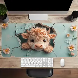 1pc Cute Highland Cow Scottish Cow Desk Mat |   Non-Slip Mouse Pad & Keyboard Cover, Turquoise Cracked Ice-like Texture with Pink Flowers, Soft Blue Computer Accessory for Office, Room, Reusable Desk, 2D Flat