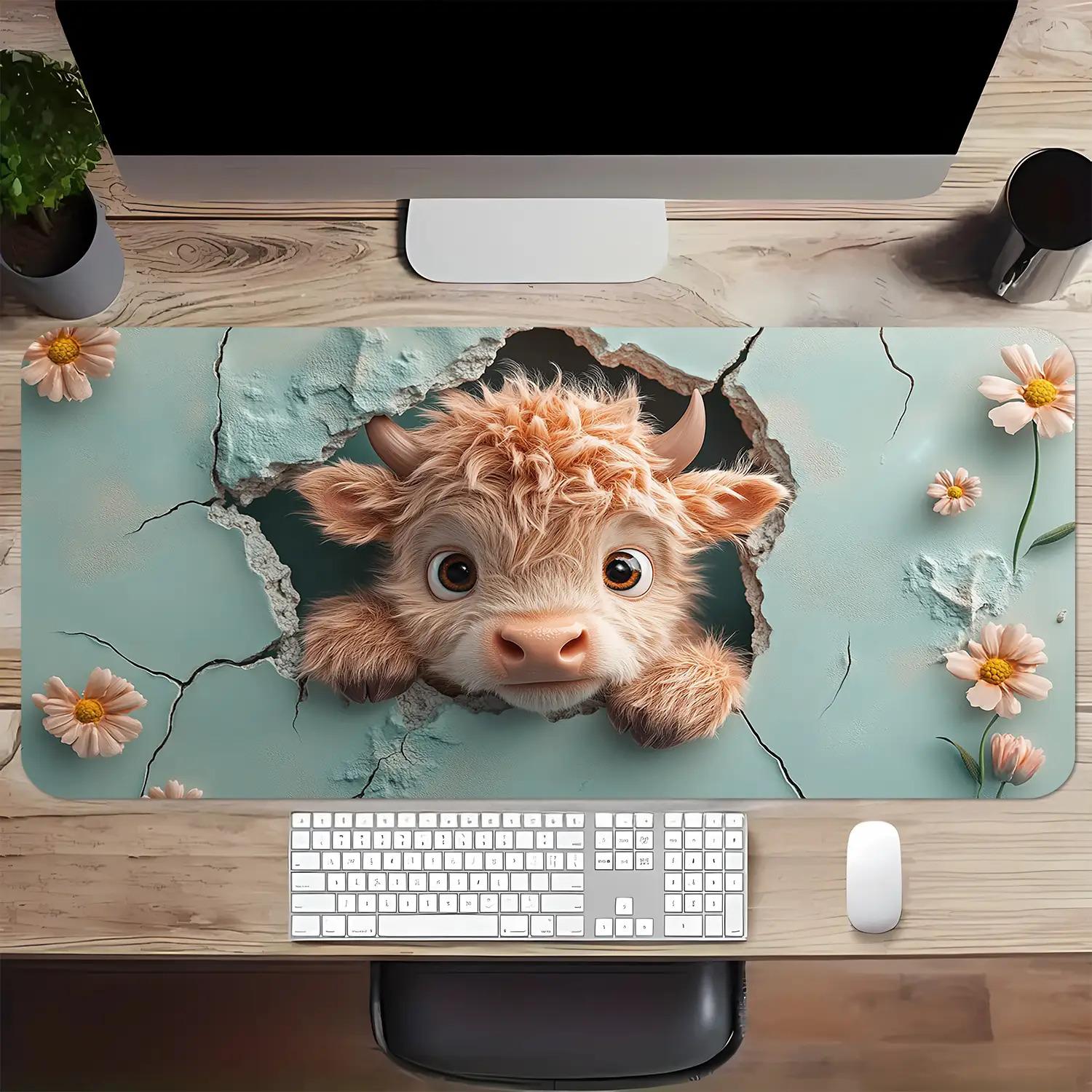 1pc Cute Highland Cow Scottish Cow Desk Mat |   Non-Slip Mouse Pad & Keyboard Cover, Turquoise Cracked Ice-like Texture with Pink Flowers, Soft Blue Computer Accessory for Office, Room, Reusable Desk, 2D Flat