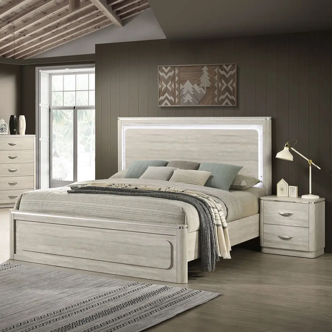 Farsund Contemporary LED Panel Bed with Touch Sensor Lighting by FOA, Bed Frame Wood, Bed Unit