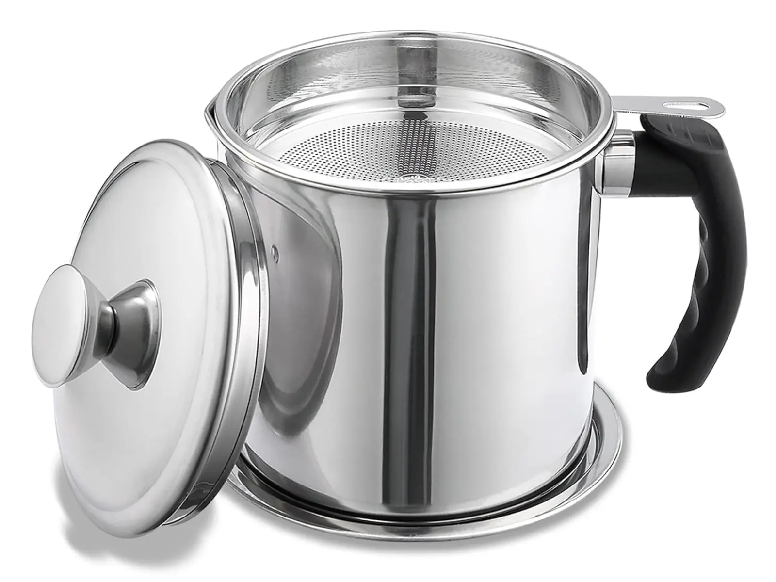 48 oz Stainless Steel Industrial Heat-Resistant Bacon Grease Container with Strainer, Lid, Easy-Grip Handle, Kitchen Oil Storage Dispenser for Frying, Cooking (Silver)