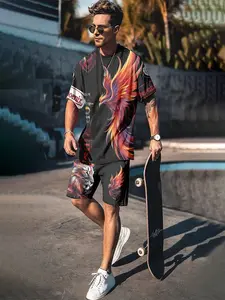 Trendy 3D Digital Printed Two-Piece Set With Flame Phoenix Totem, 2Pcs, Fashion Trendy Suit, Retro Casual Two-Piece Outfit, Resort-Style Trendy Wear, Breathable Sports Casual Style, Perfect Festival Gift for Men
