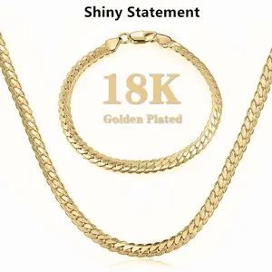 Shiny Statement 18K Gold-Plated 2-Piece Set Full Side Necklace & Bracelet Retro Style Stainless Steel Waterproof Sweat-Proof 5mm Width 22/24/26 Inches Perfect Christmas Gift