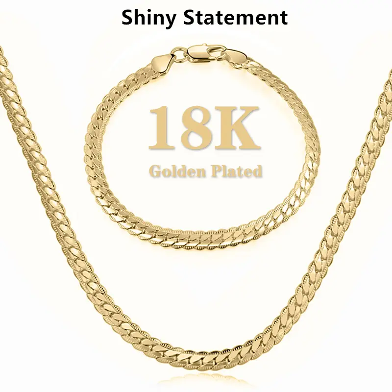 Shiny Statement 18K Gold-Plated 2-Piece Set Full Side Necklace & Bracelet Retro Style Stainless Steel Waterproof Sweat-Proof 5mm Width 22/24/26 Inches Perfect Christmas Giftsummerwins