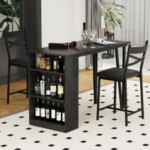 Black 3-Piece 36 Inch Counter Height Dining Set, Wooden Bar Table with Sturdy Metal Frame and Built-In Storage Shelves, Compact 2-Seater Furniture for Kitchen, Living Room and Restaurant Use