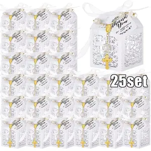 Gift for Her/Him 25Set Baptism Favors Set, Includes Mini Rosaries, Laser Cut Baptism Favor Boxes, White Organza Bags And Thank You Tags for Bautizo Recuerdos Christening Wedding Party Supplies tiktokshopspringglowup